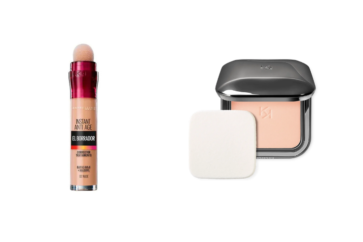 Corrector Instant Anti-Age Eraser de Maybelline, Mineral Mattifying Powder de Freshly y polvos compactos de KIKO para una piel unificada y sin brillos.